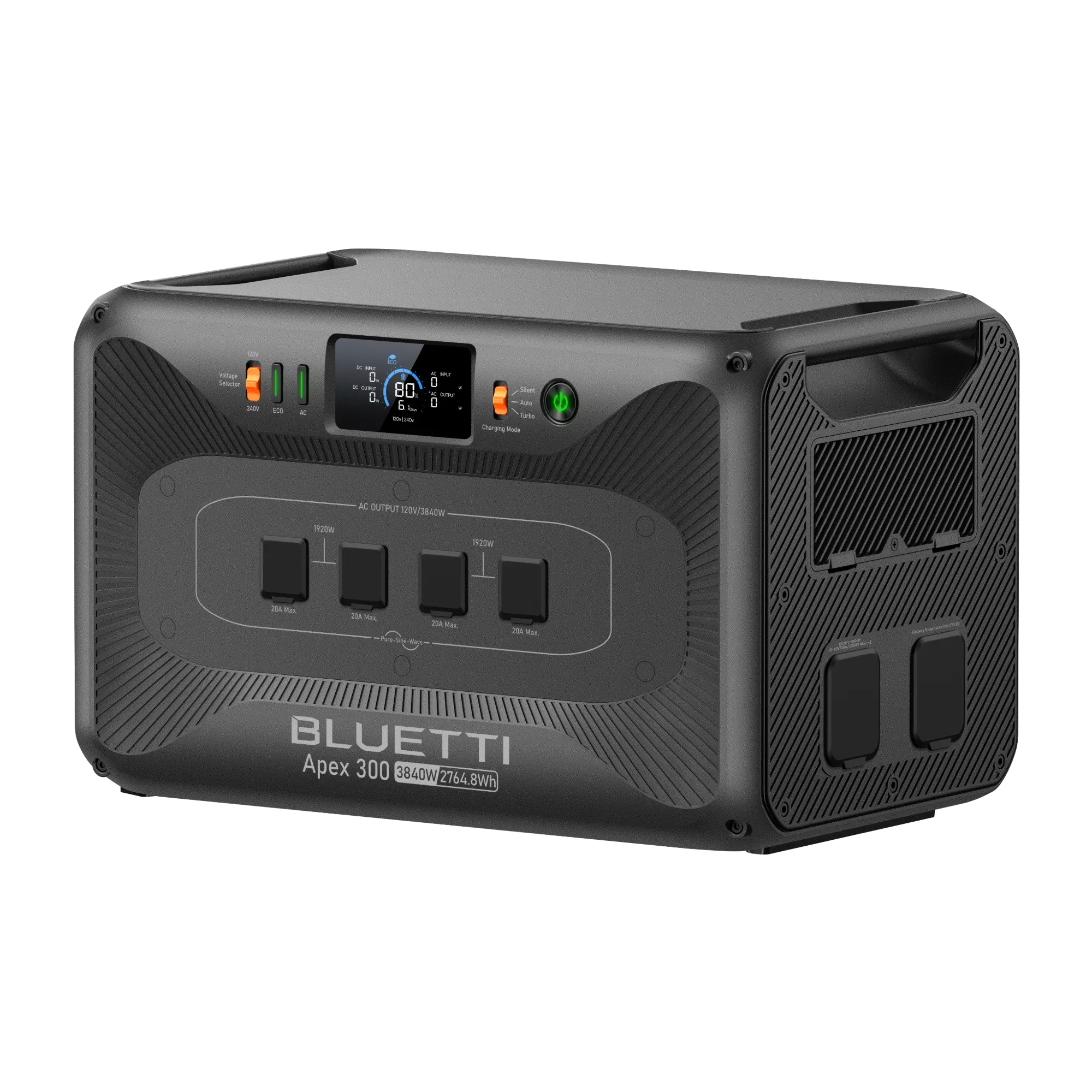 BLUETTI Apex 300 display, controls and covered AC outlets