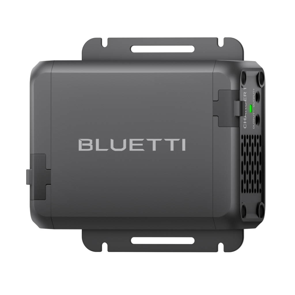 Angled view of BLUETTI Charger 1 showing its indicator and side connections