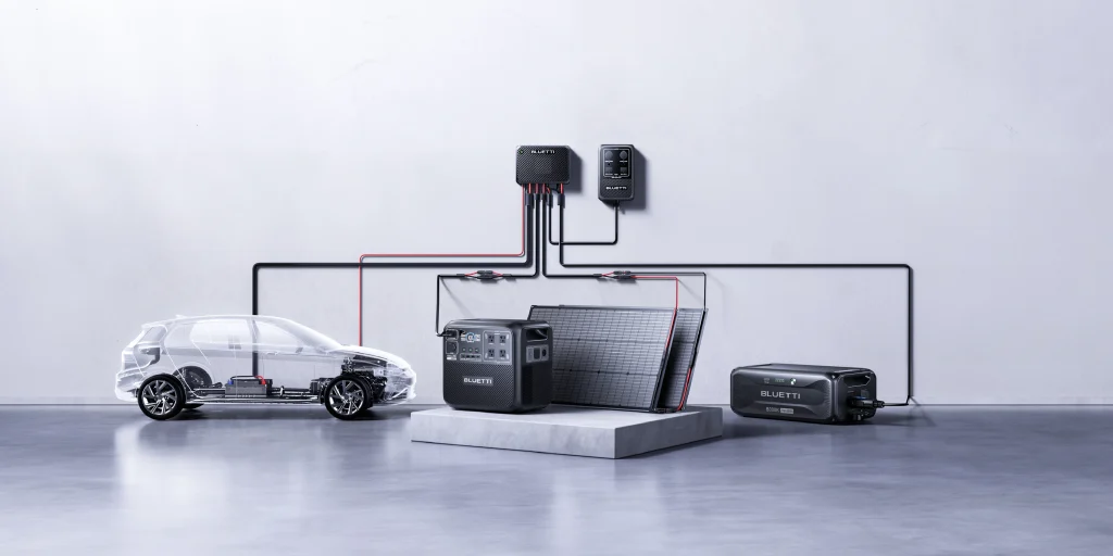 Manufacturer diagram of Charger 2 connected to a vehicle, solar panel and power station