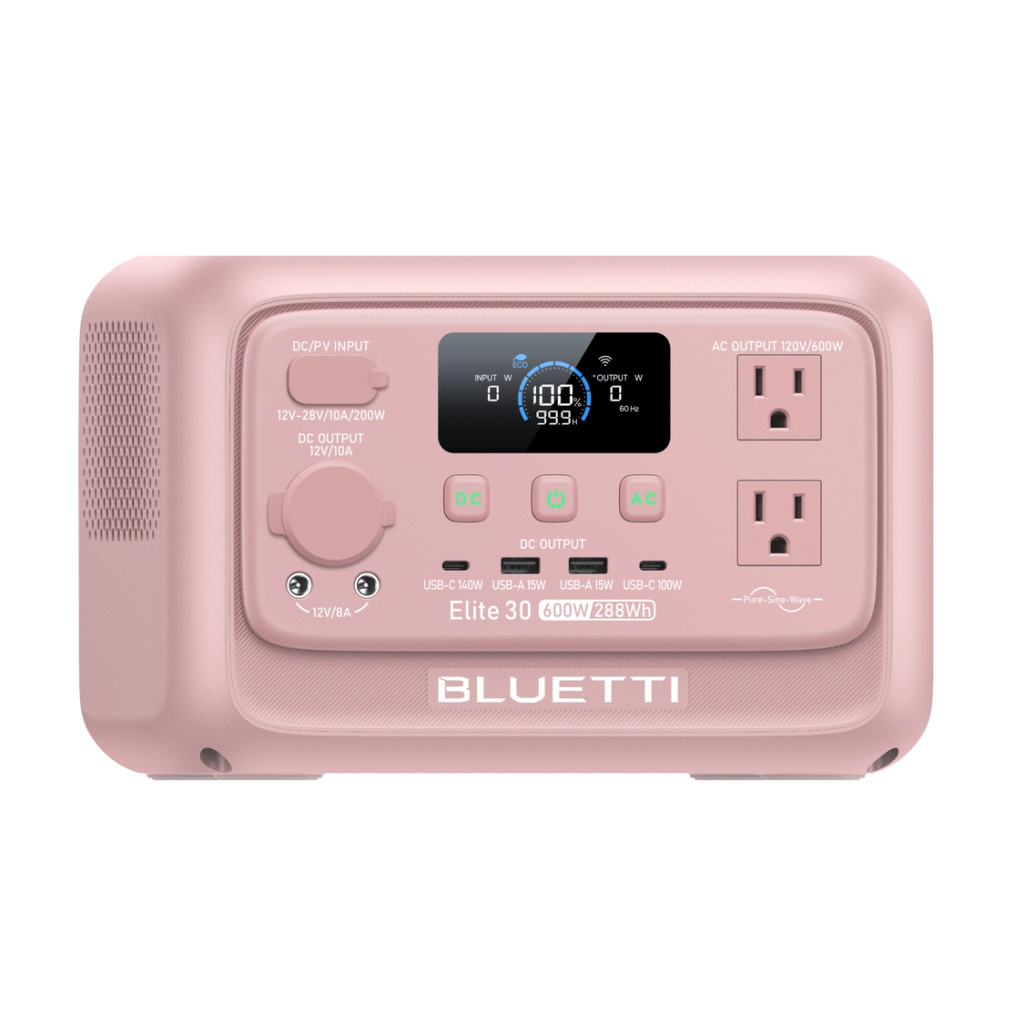 Blush Pink Elite 30 V2 front panel with two US AC outlets, USB ports and DC connections