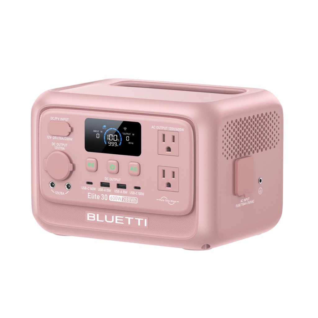 Right-side view of pink Elite 30 V2 showing the ventilation grille and AC input cover